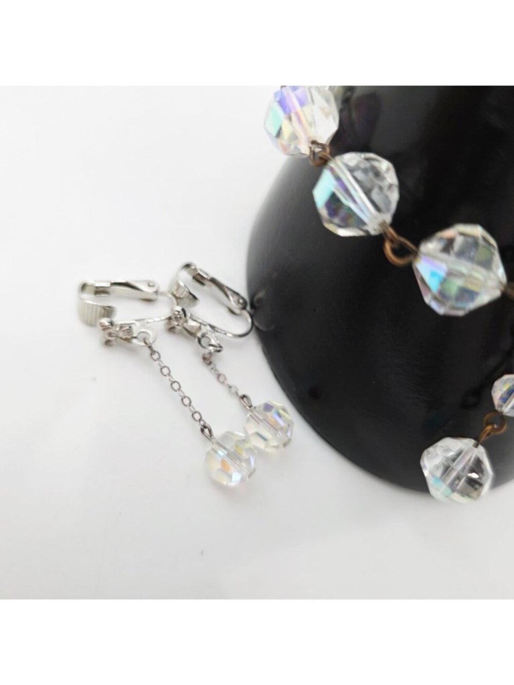 Crystal Iridescent Bead Bracelet & Clip-On Earrings Aurora Borealis MCM 1950s - Picture 5 of 9